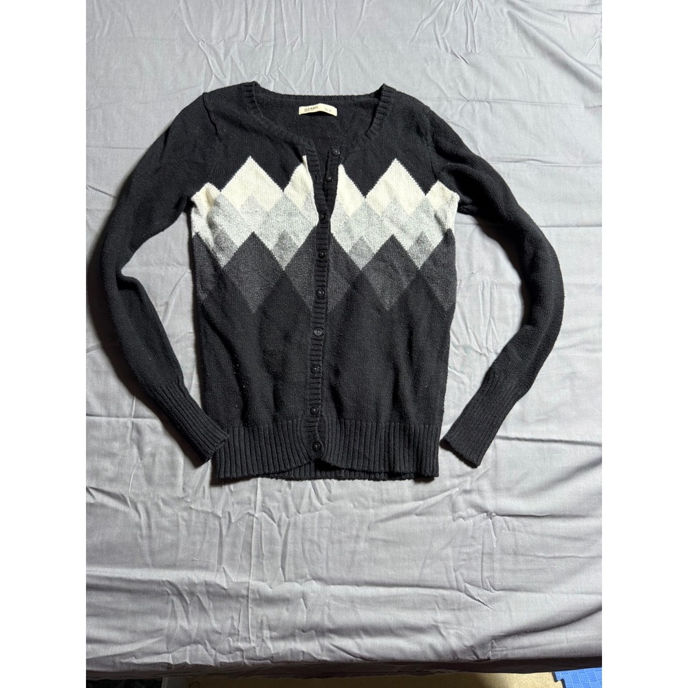 Old Navy Cardigan Sweater Womens Small Black Argyle Geometric Knit Button Up